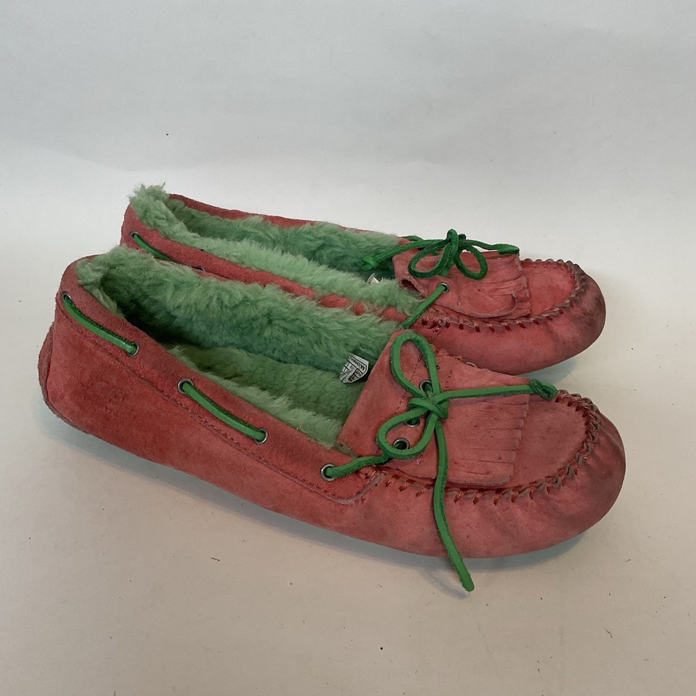 Ugg Slippers Size 7 Green Pink Suede Leather Wool Lined Moccasins Shoes Ansley